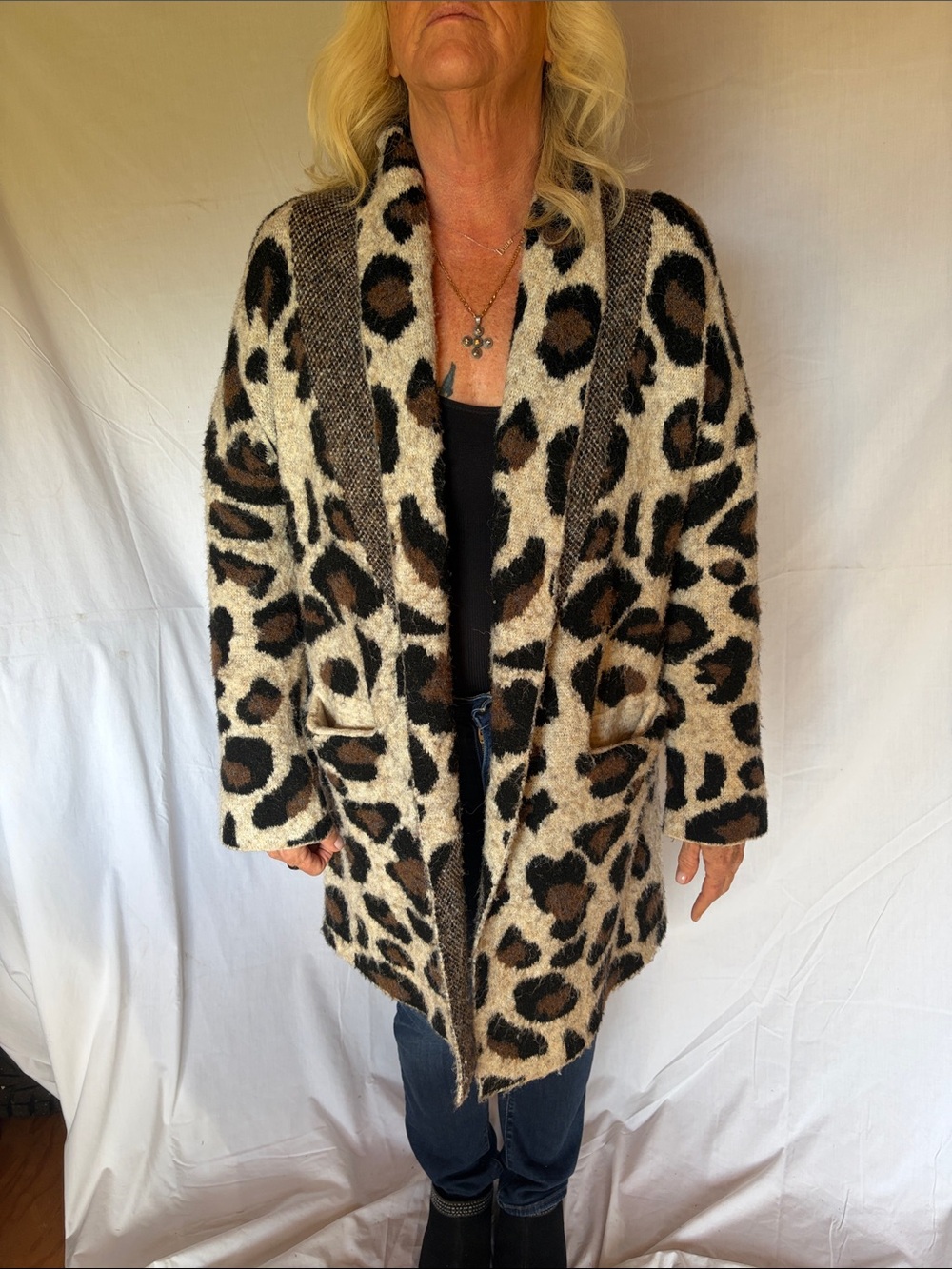 RD Style Leopard Print Teddy Open-Front Jacket - Cream & Brown